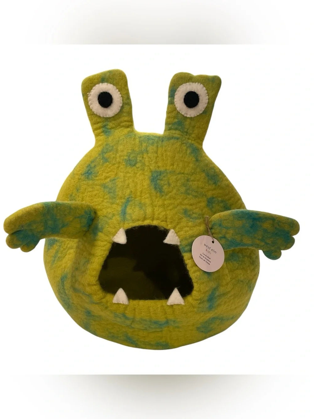 West Elm Halloween Felt Monster Candy Bowl Shades of Green with Blue Spots NWT